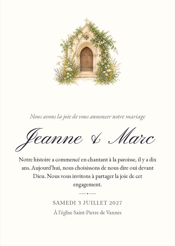 Le faire-part de Jeanne et Marc, style champêtre, texte religieux